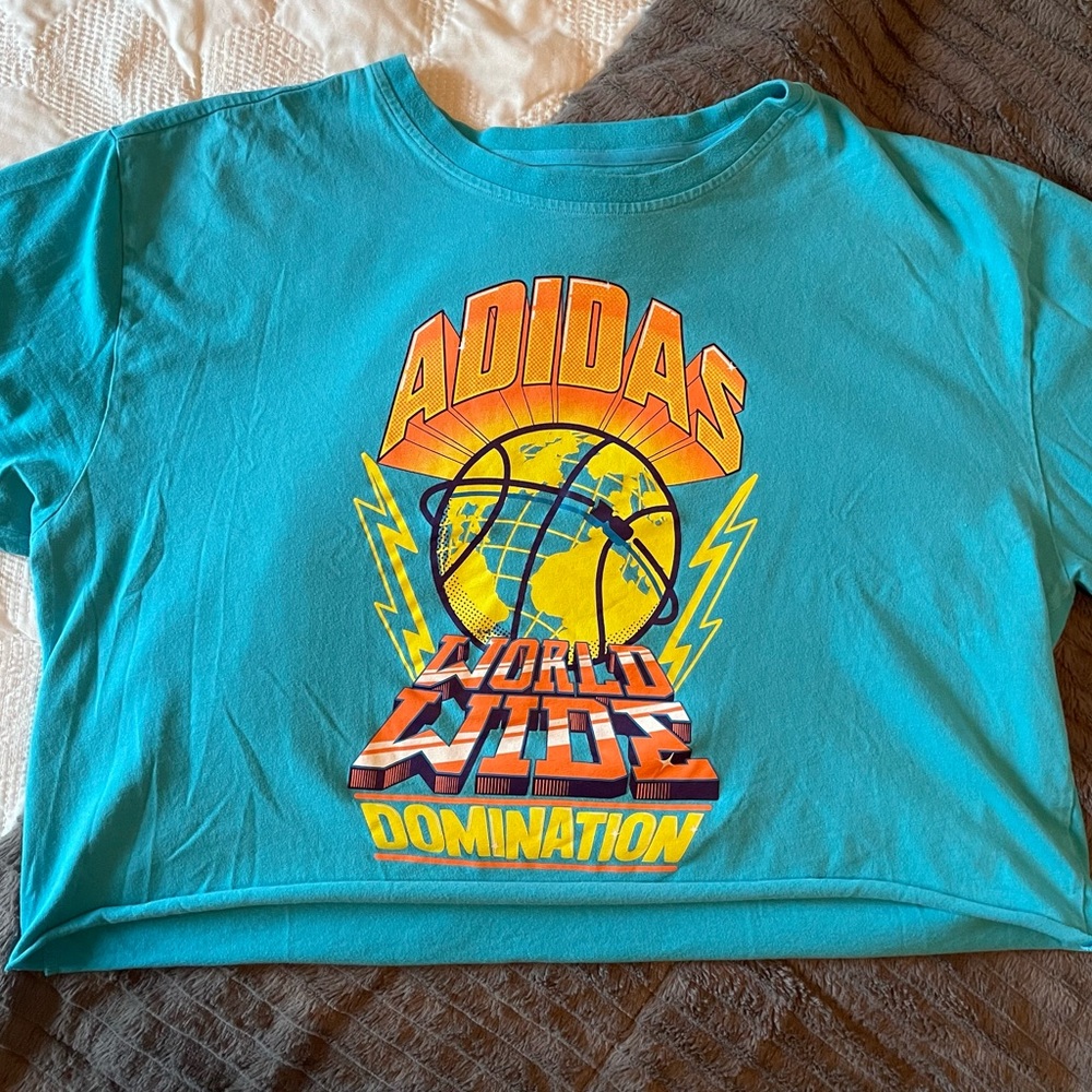 Cropped Blue Adidas Originals World Domination Originals Graphic T-Shirt